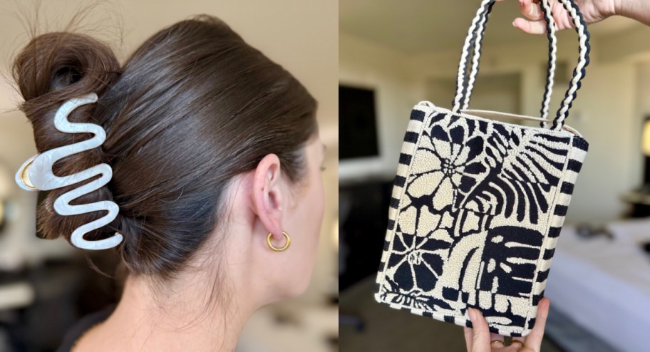 woman in squiggle claw clip and black and white floral beaded bag