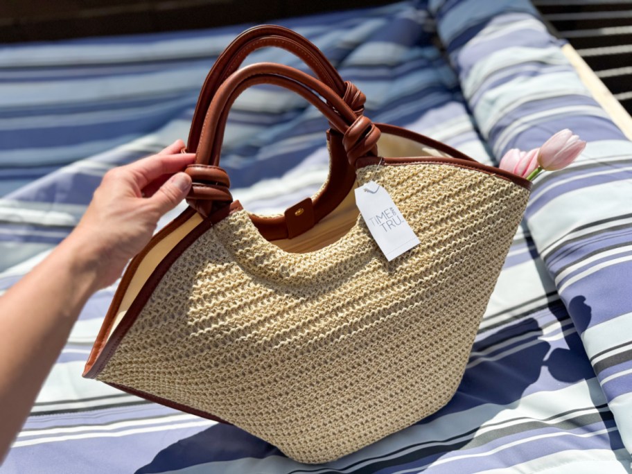 straw tote with brown handle