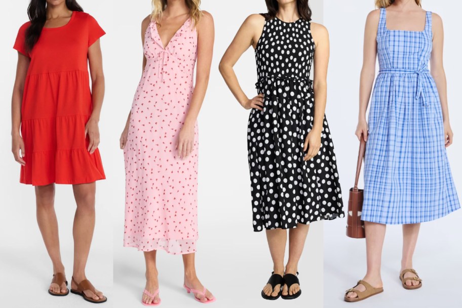 four women in red, pink, polka dot, and blue dresses