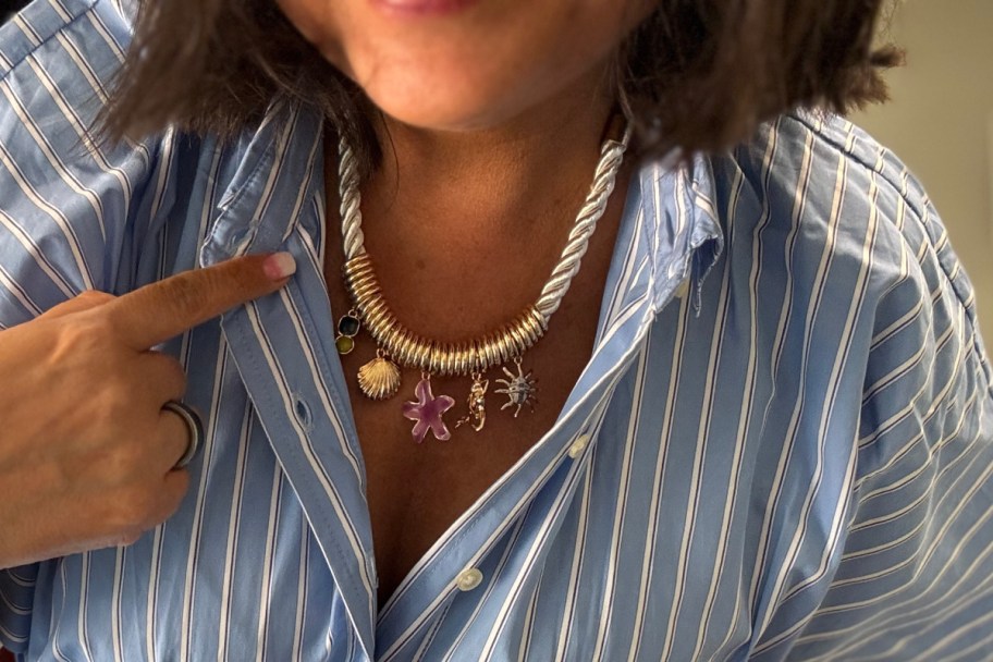 white rope necklace with five seashell charms
