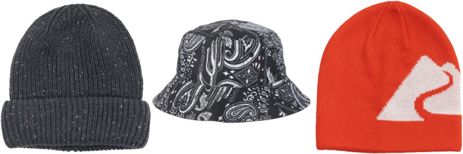 2 beanies and a bucket hat