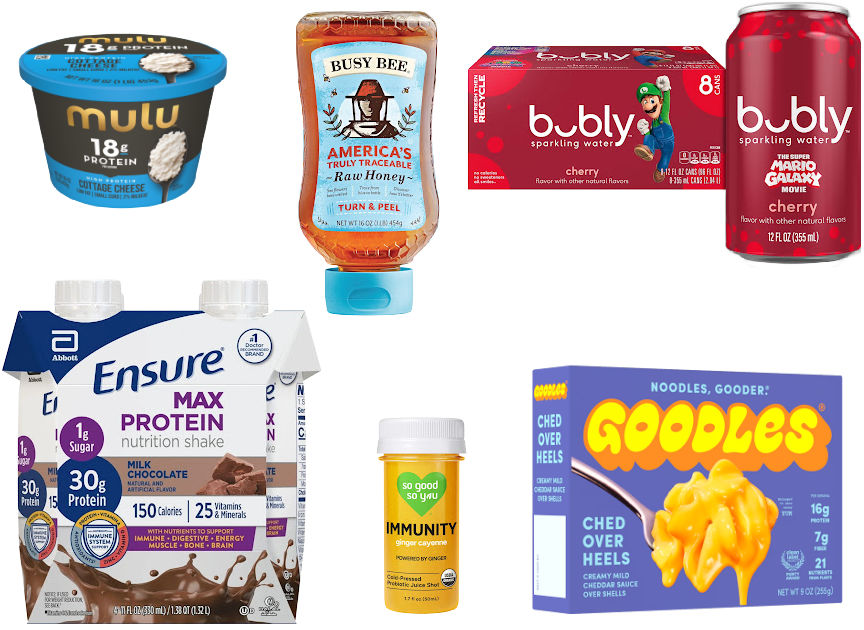 6 grocery items on a white background