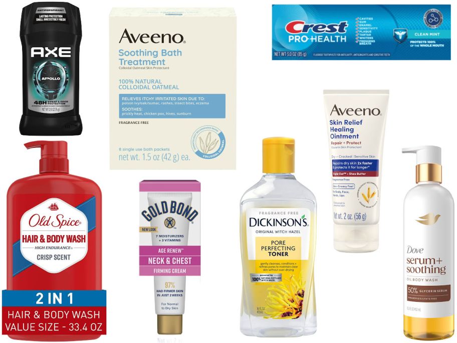 8 personal care items on a white background