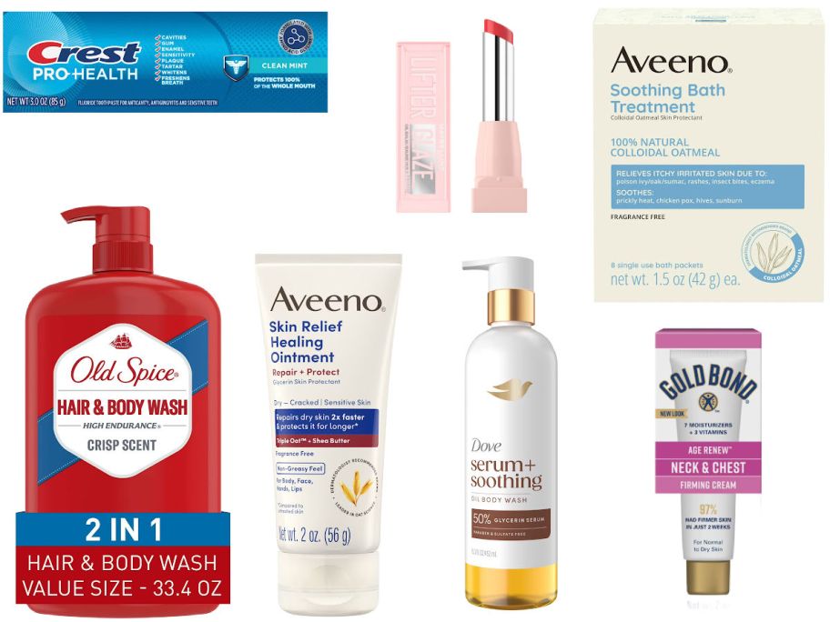 7 personal care items on a white background