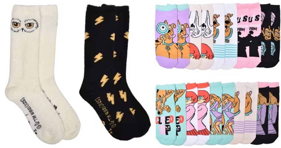 white and black harry potter socks and 10 scooby doo socks 