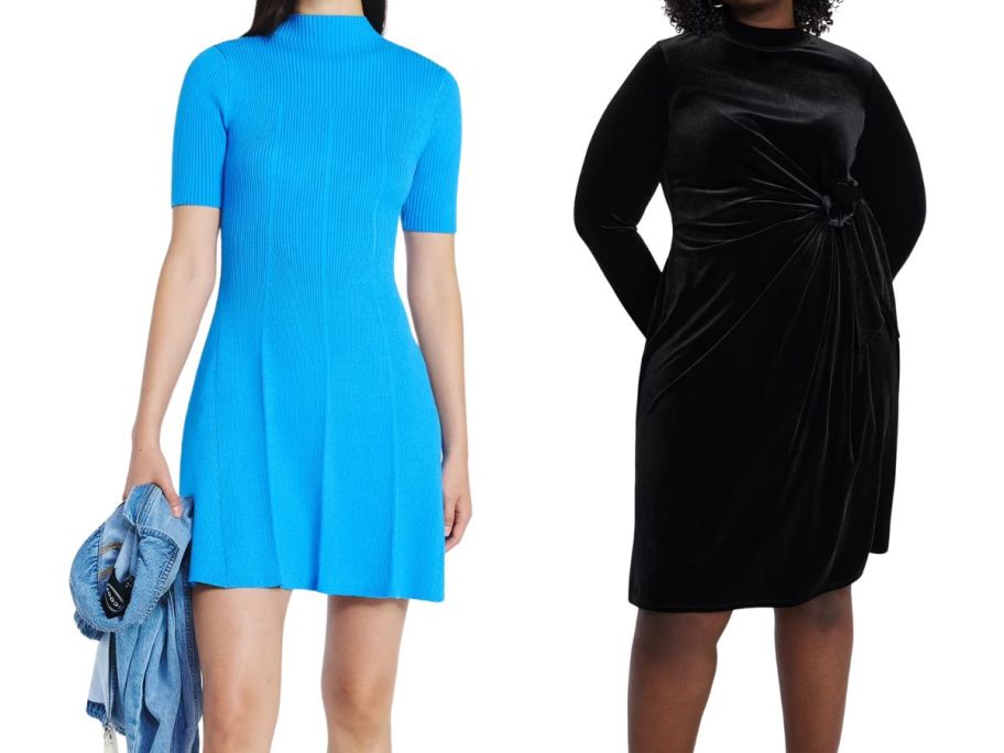 two women wearing dresses