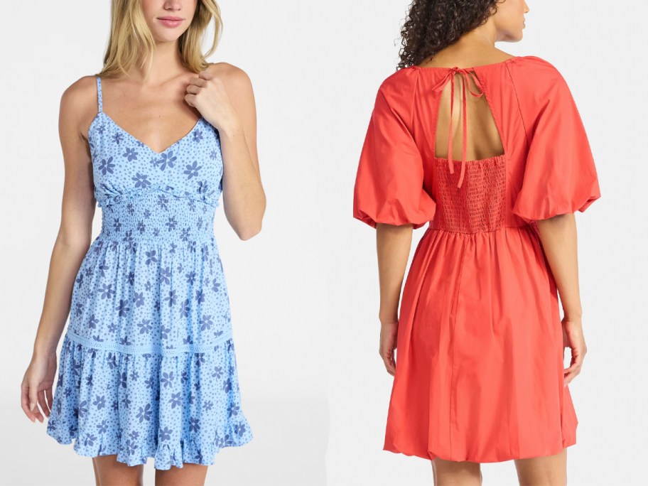 women wearing blue and red dresses 