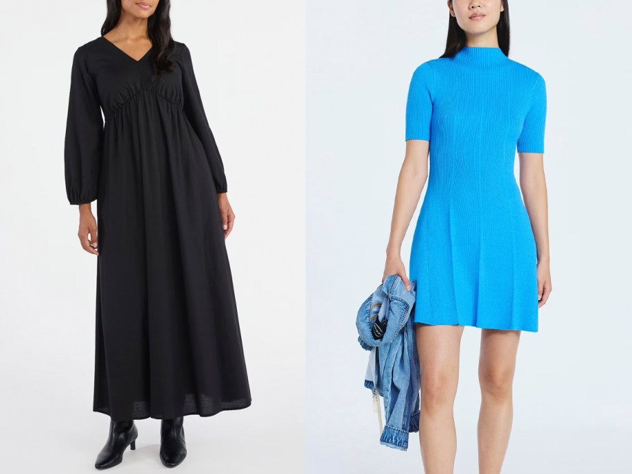 women wearing black and blue dresses 