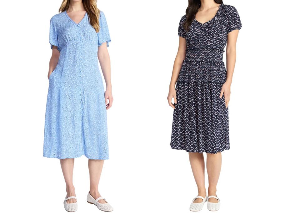 two women wearing dresses