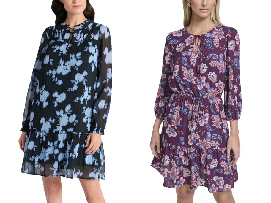 women wearing blue and purple floral dresses 