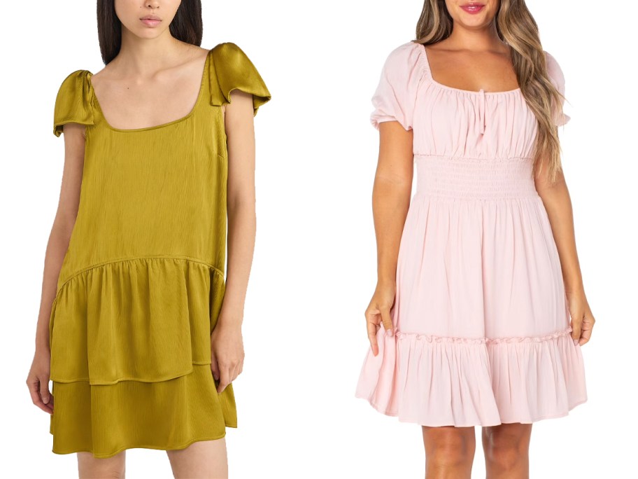 women wearing yellow and pink dresses 