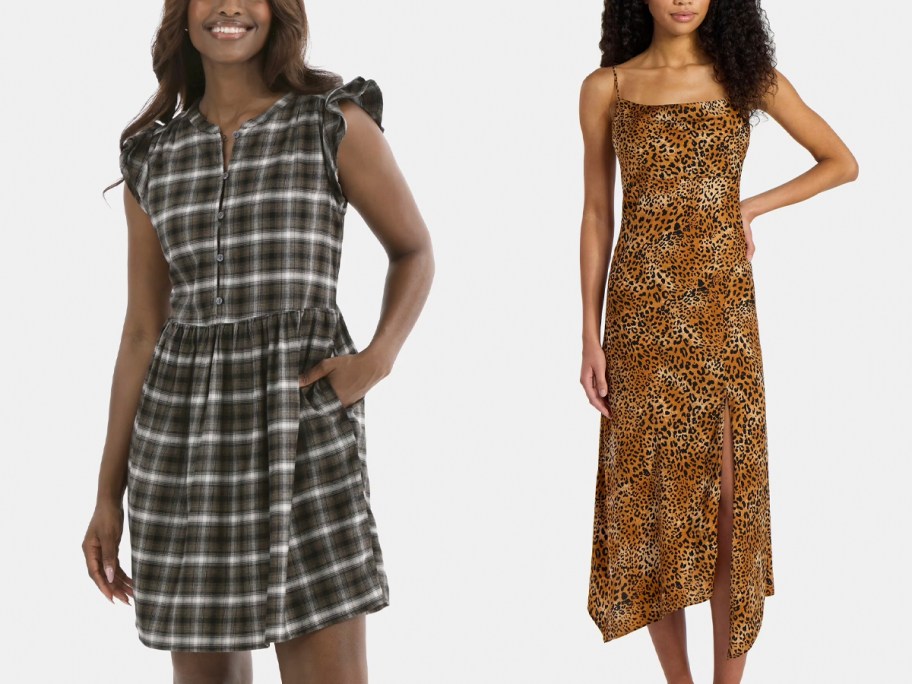 women wearing black and cheetah print dresses 
