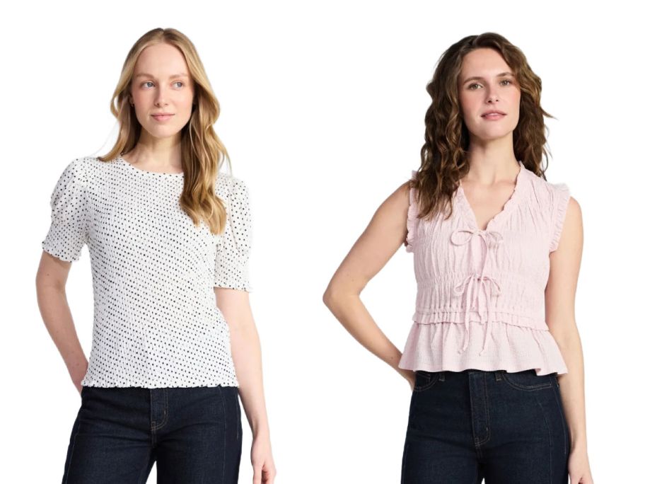 2 women from the waist up on a white background
