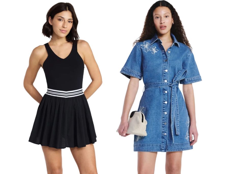 2 women shown wearing dresses from the knees up on a white background