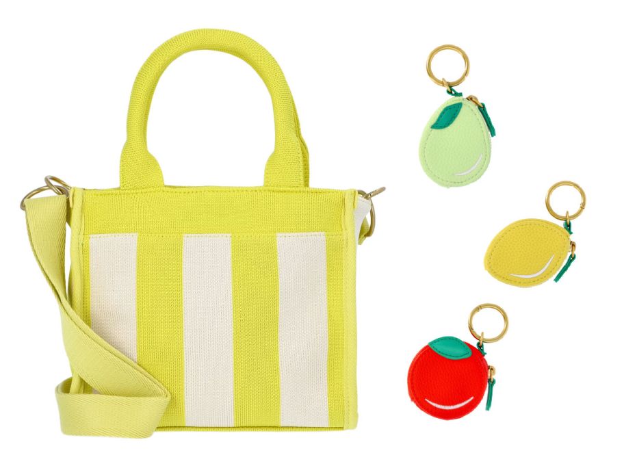 striped purse next to fruit-shaped coin pouches