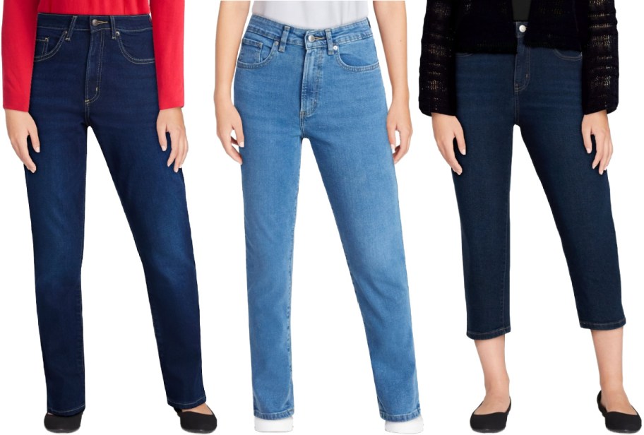 Three pairs of women's denim jeans worn by models, featuring dark wash straight-leg jeans with black flats on the left, medium wash straight-leg jeans with white sneakers in the middle, and dark wash cropped jeans with black flats on the right.