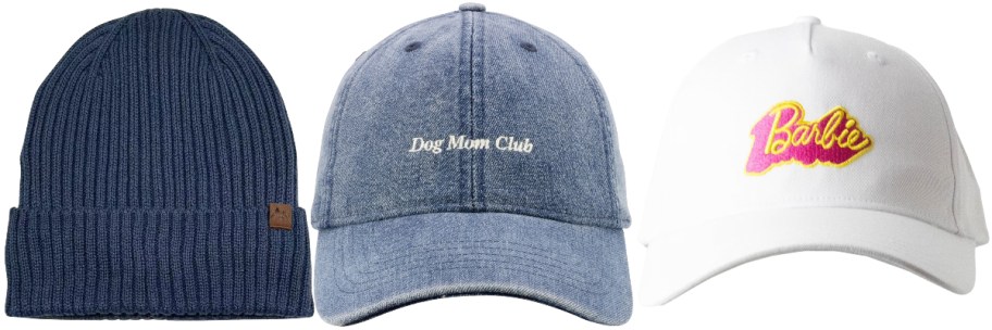 a beanie and two trucker hats