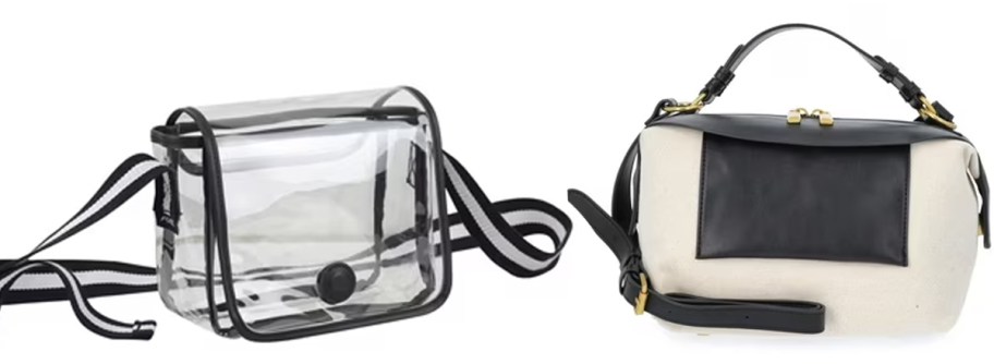 clear stadium bag and white and black handbag 