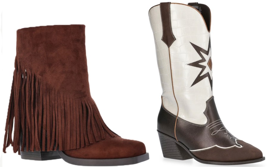 brown fringe boots and white and brown star boots 