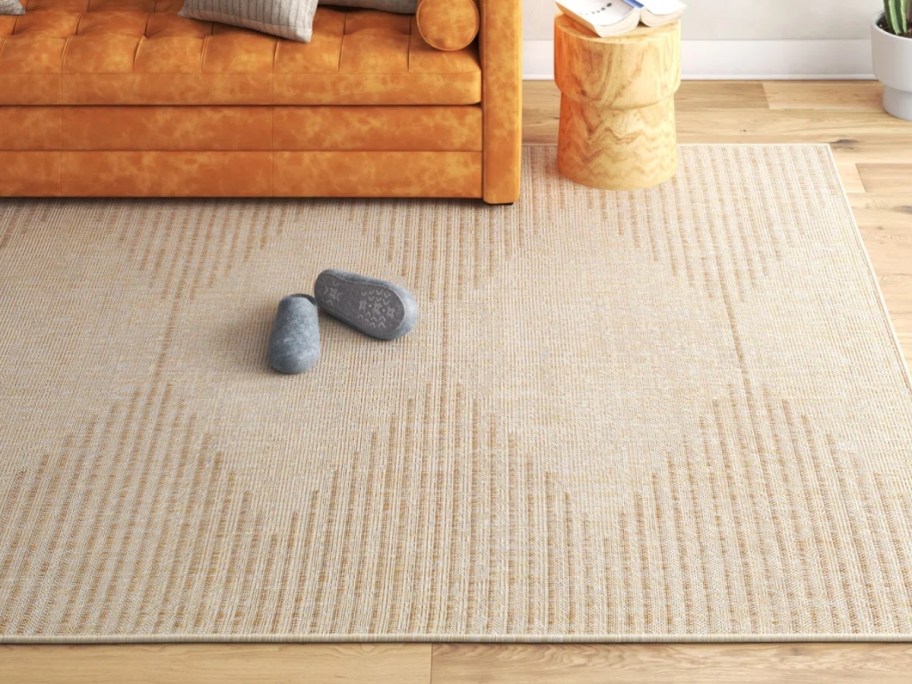 a tan jute like rug in a living room