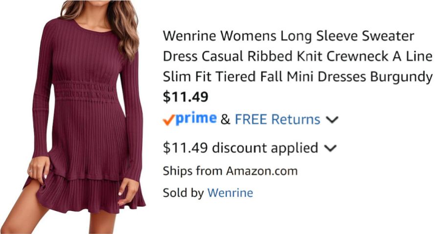 woman wearing burgundy dress next to Amazon pricing information