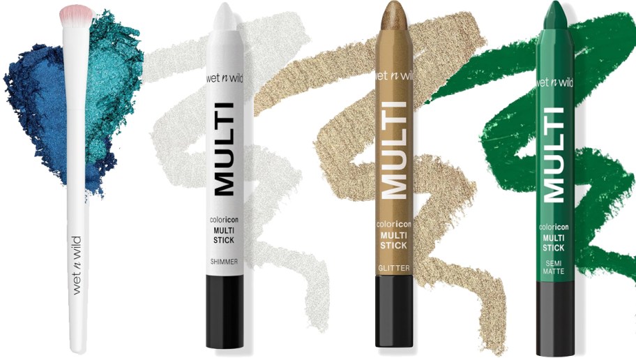 eyeshadow brush and 3 eyeshadow sticks