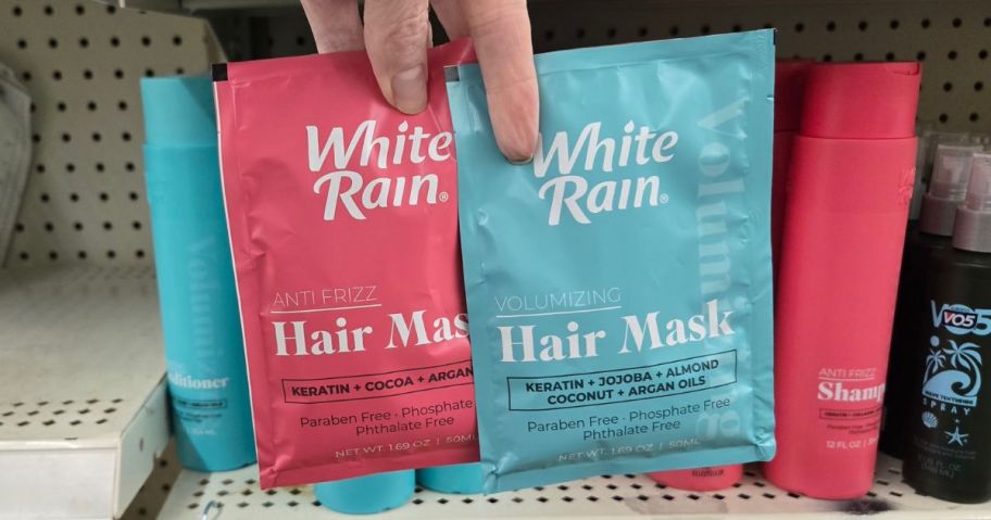 two packs of white rain hair masks