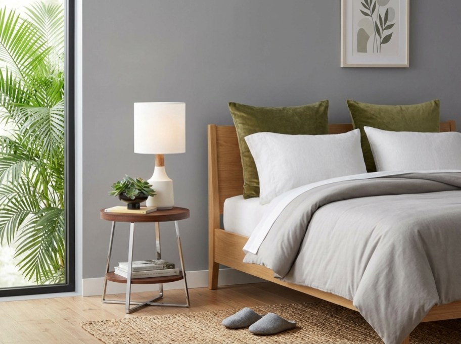 white lamp on a nightstand in a bedroom