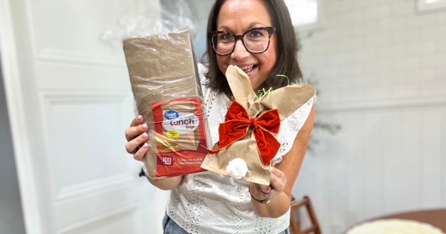woman holding lunch sack easter bunny bag