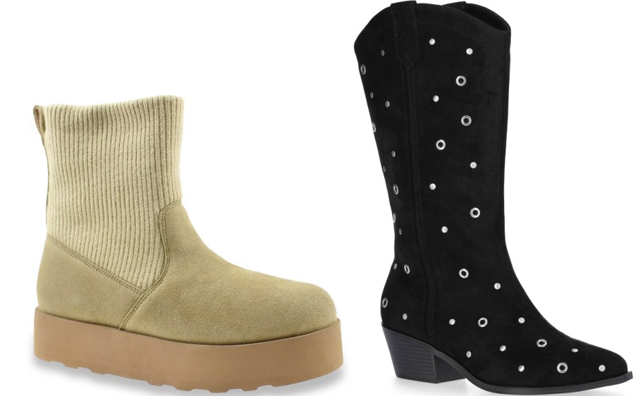 beige and black boots 