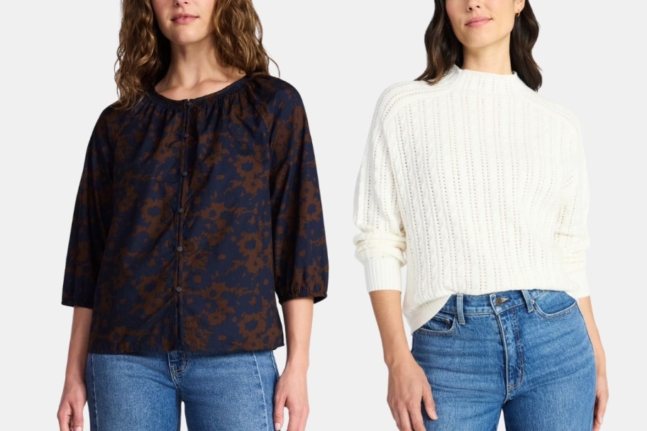 a woman in a button front top and one in a white pointelle sweater