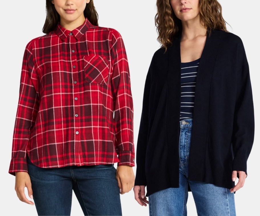a woman in a red flannel short and a woman in an openfront cardigan
