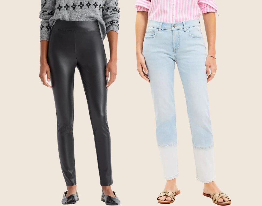 woman wearing faux leather leggings and woman in a pair of jeans