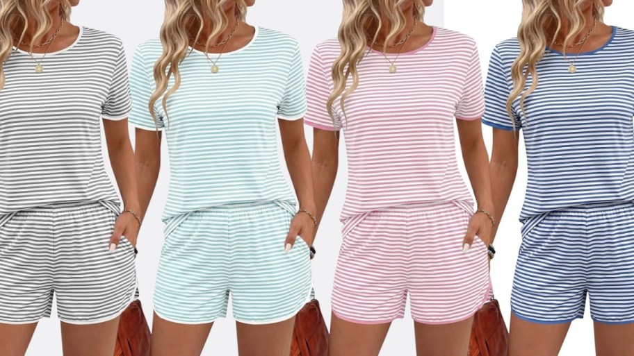 four women in the same style of 2 piece shorts pajama sets in 4 different colors