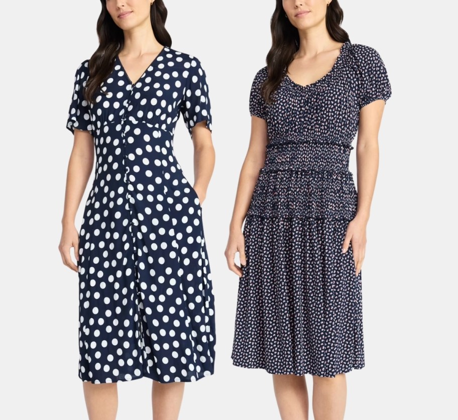two women in print midi dresses