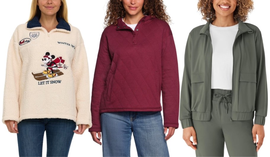 a woman n a jacket, and two women in 1/4 zip pullovers