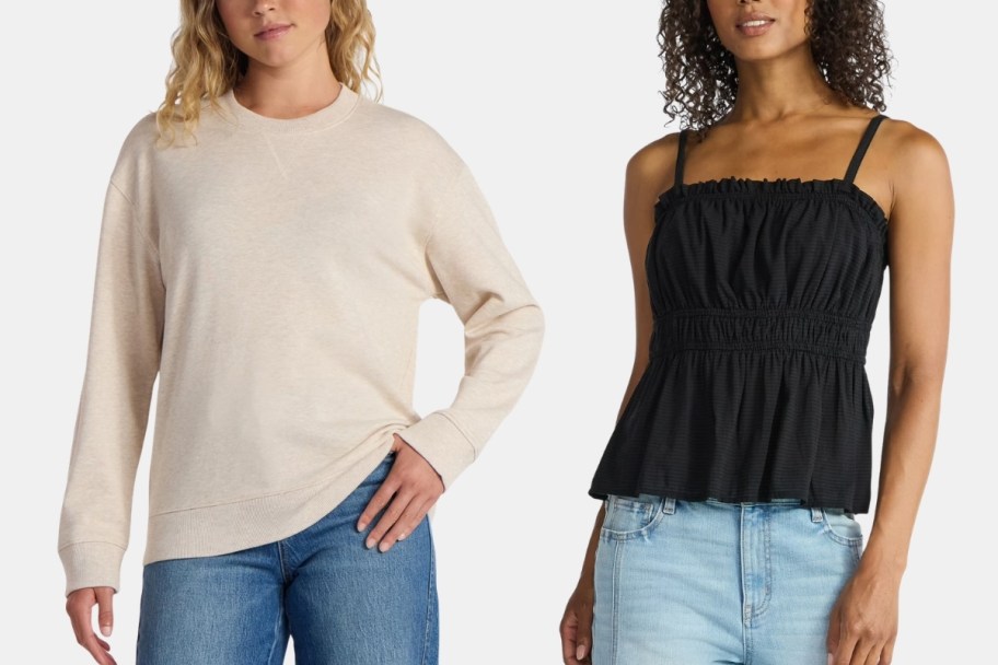 woman in a beige sweatshirt and a woman in a black tank top