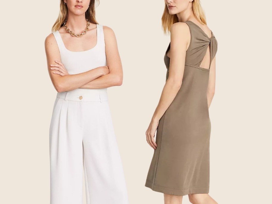 woman in a sleeveless body suit and a woman in a sleeveless knit dress