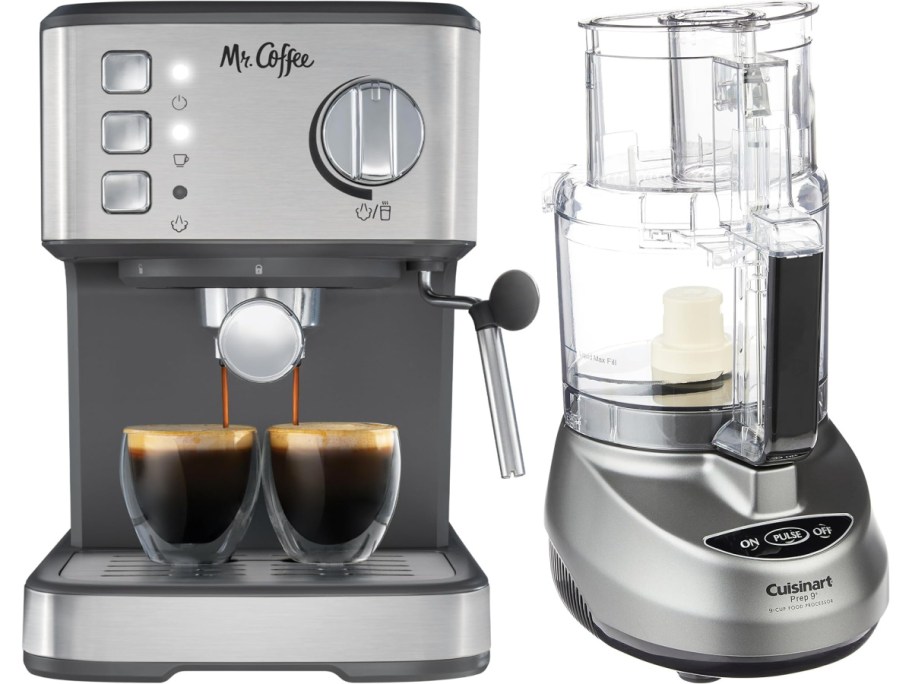 A Mr. Coffee espresso machine pours into two glass cups beside a Cuisinart food processor.