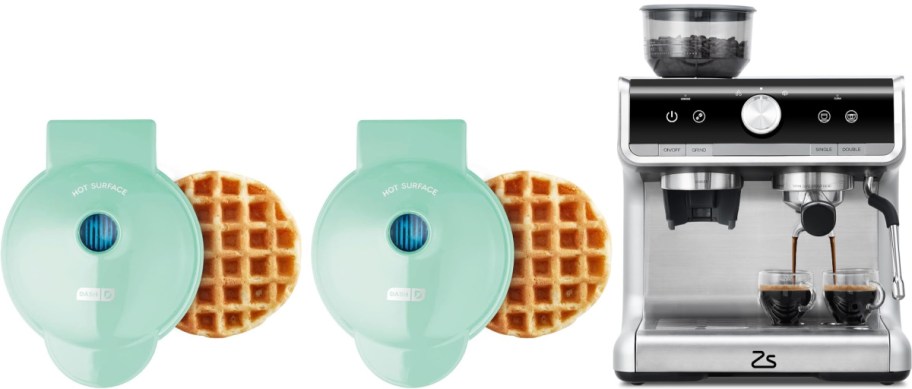 Two mint-green waffle makers, each with a golden waffle beside them, are next to a sleek silver espresso machine with coffee pouring into two cups.