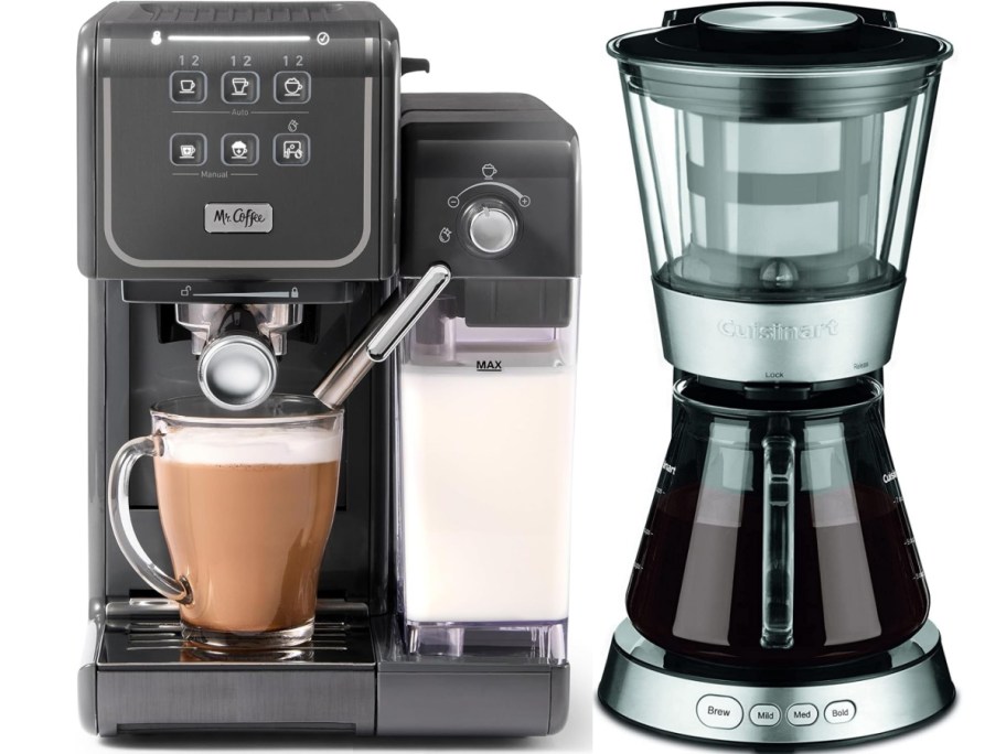 Modern espresso machine with a latte cup, milk frother, and coffee maker with a glass carafe filled with dark coffee.