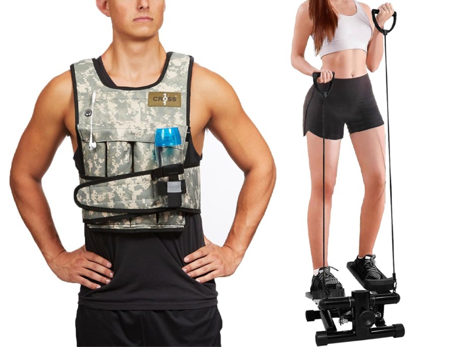 man wearing camo vest and girl using step machine