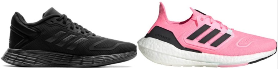 Two Adidas running shoes side by side. On the left, an all-black sneaker with a sleek design. On the right, a vibrant pink shoe with a thick white sole.