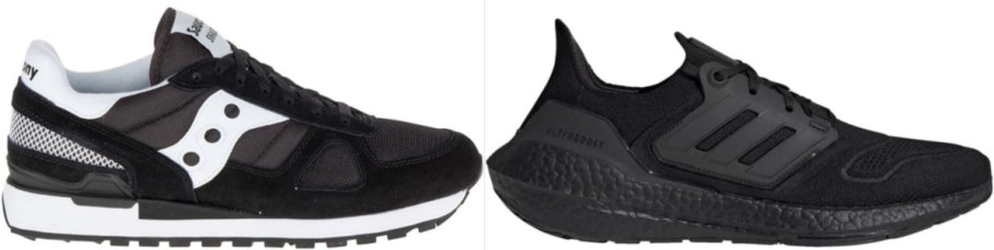 Side-by-side image of two sneakers. Left: Black and white sneaker with a chunky sole and distinct white logo. Right: All-black sneaker with a sleek, modern design and textured sole.