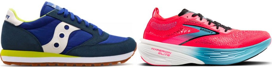 A side-by-side image of two sneakers. The left shoe is retro-style, with blue, white, and yellow colors. The right shoe is modern, pink with teal details.