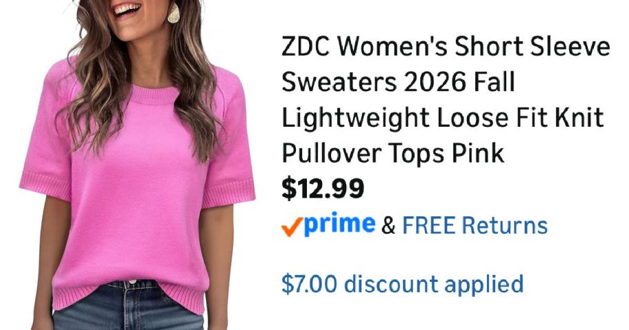 woman wearing pink sweater next to Amazon pricing information