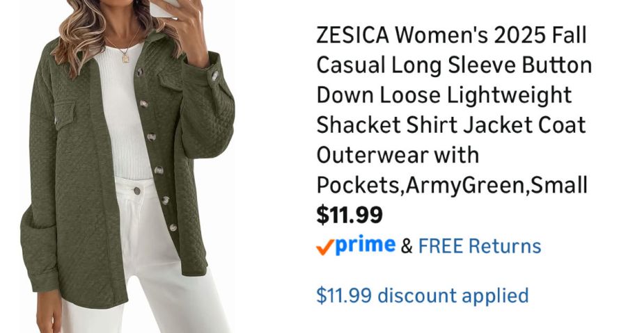 woman in green jacket next to Amazon pricing information