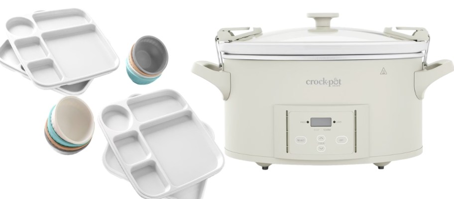 a set of divided trays and bowls and a Crock Pot