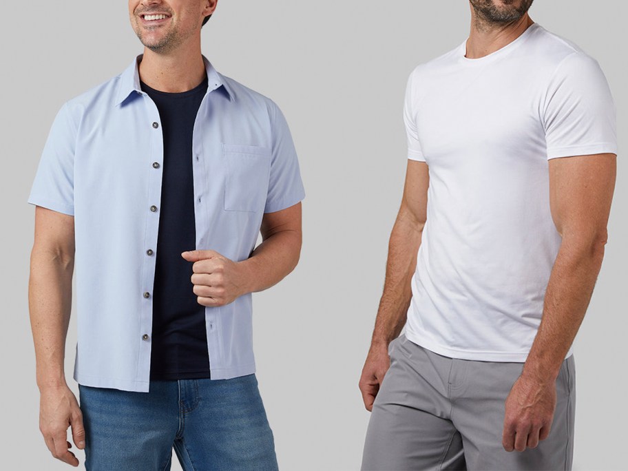 men wearing blue and white tops 