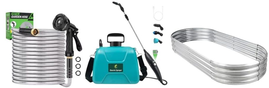 50' Garden Hose, 2 Gallon Battery Operated Garden Sprayer, Galvanized Planter Box